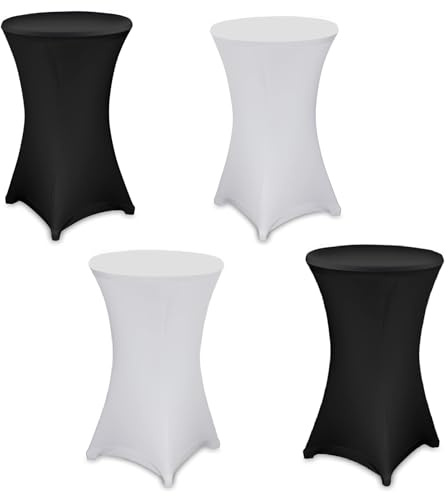 Julido Stretch Stehtischhussen – Spandex Hussen für Steh- & Bistrotische – Waschbar, Bügelfrei & rutschfest – Verstärkter Fußbereich – Für Hochzeit & Party (Schwarz/Weiß, 4er Set - Ø 80-85cm)