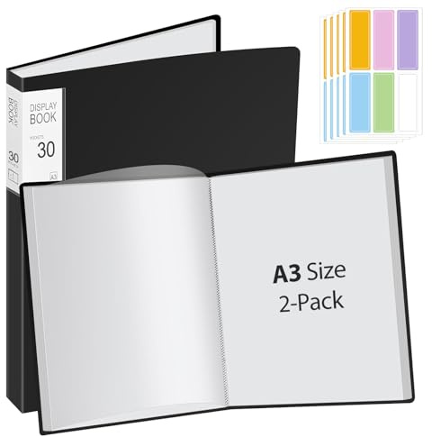 2 Stück A3 Päsentationsdisplay Buch mit 30 Klarsichthüllen für 60 Blatt, Sichtbuch in A3 Format für Kunstwerke, Notenmappe, Diamond Painting Mappe, Urkunden, Portfolio - PP - Schwarz