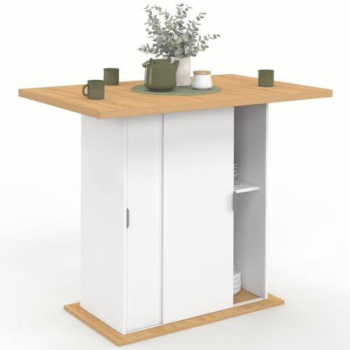 IDMarket - Mittelinsel für 4 Personen Paxton 110 cm Mittelfuß mit Stauraum aus weißem Holz mit Arbeitsplatte in Buchenholzoptik | Mit Mittelfuß mit Stauraum, Arbeitsplatte in Buche-Optik