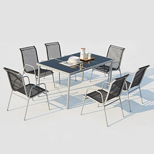 CONCEPT USINE - Salon De Jardin Acier - Ensemble Mobilier d'Extérieur : Table Rectangulaire Plateau en Verre Trempé + 6 Chaises Empilables - Gris Foncé - Design Lusiana - Robuste & Résiste à l'eau