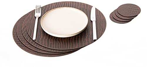 Nikalaz Rund Platzsets und Untersetzer aus recyceltem Leder, 4 Stück Platzdeckchen 33 cm und 4 Untersetzer 10 cm (Crocko)