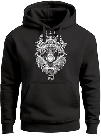 Neverless® Hoodie Herren Aufdruck Wolf-Motiv Print Boho Bohemian Ethno Style Kapuzen-Pullover Männer