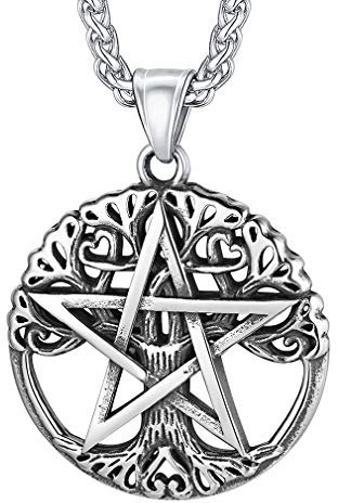 FaithHeart Edelstahl Wicca Pentagramm Anhänger Silber Wicca Schmuck mit Lebensabaum Herren Schmuck für Herren und Männer