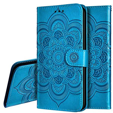IMEIKONST Samsung J6 2018 Hülle Mandala Embossed Premium Leder Flip Brieftasche Kartenfächern Holder Magnetic Ständer Schutzhülle Handyhülle für Samsung Galaxy J6 2018 Mandala Blue LD
