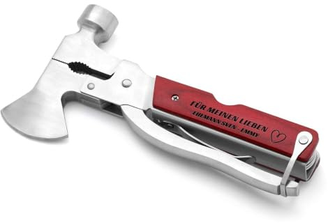 Maverton Multifunktionswerkzeug mit Gravur - kompaktes Multitool - personalisiert - aus Edelstahl + Holz - Geschenk zum Geburtstag für Männer - Dunkelbraun - Herz