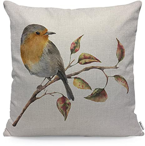 WONDERTIFY Robin Cushion Cover Watercolor Tree Branch Red Yellow Leaves Autumn Bird Fall White Nature Decorative Throw Pillow Covers For Couch, Bed Sofa Pillows Case 45X45 Cm