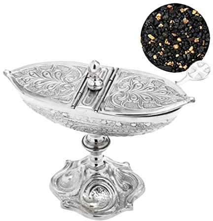NKlaus 3tlg Set Weihrauchschiffchen Silber mit Löffel 100g Pontifical Weihrauchmischung 40694