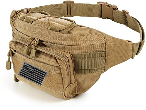 FRTKK Taktische Gürteltasche, Militär-Hüfttasche mit USA-Flagge, Patch, Utility-Hüfttasche mit verstellbarem Riemen für Outdoor, Angeln, Radfahren, Camping, Wandern, Tan 2, Bauchtasche