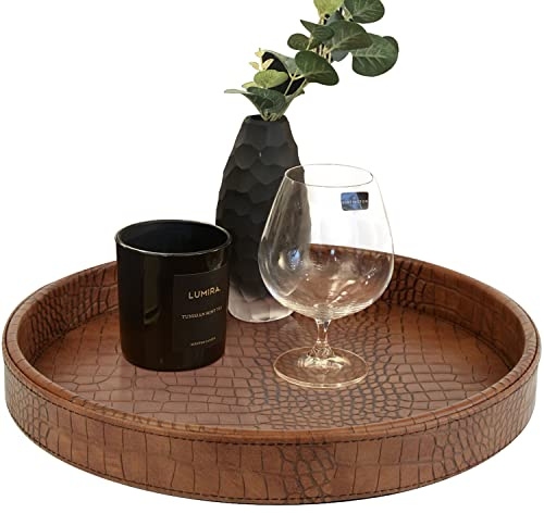HofferRuffer Faux Leather Round Serving Tray, Vegan Croco Leather Decorative Tray, Food Tray for Storage Drinks, Snack & Cosmetics, Dia.12'' x 1.6'' (Antique Brown)