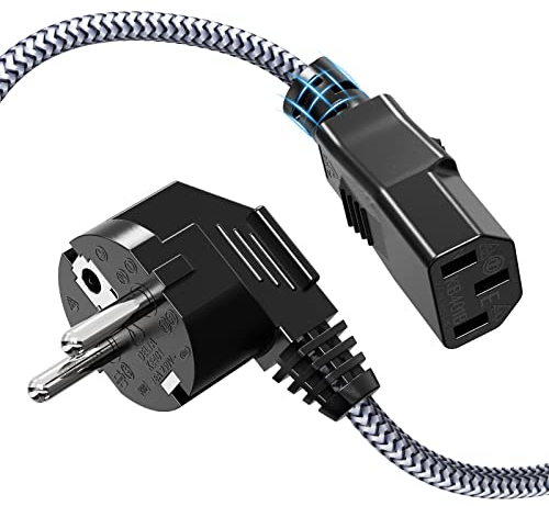 Riksoin - Cable de alimentación (3 Pines, 2M, Nailon Trenzado, Universal, CEE 7/7 a IEC60320 C13) con VDE para monitores, PC, impresoras, PS3/PS4 Pro, escáner, TV, Pantalla, proyector, etc.
