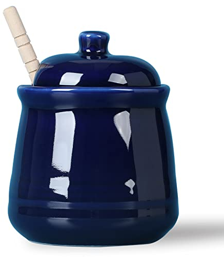 LEETOYI Porzellan-Honigglas mit Deckel und Taucher, Keramik-Honigtopf, 340 ml (Marineblau)
