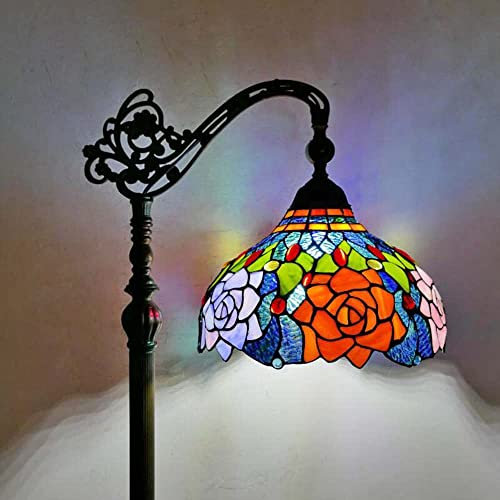 antique Tiffany Lampe de salon Lampadaire Sur Pied Vintage Lampadaire Avec interrupteur à pied réglable Bureau Chambre à coucher Lampe de lecture Rose Abat-jour en verre teinté Ø30cm H165CM E27 MAX40W