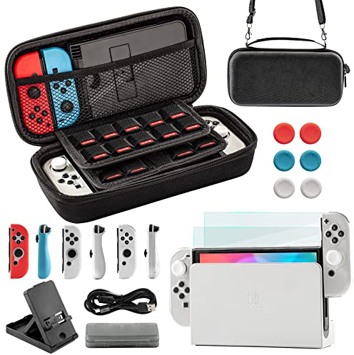 Teyomi Coque pour Nintendo Switch OLED, 20 en 1 OLED Kit d'accessoires avec Switch OLED étui Transparent, Rangement de Jeux, Film de Protection, Support de commutateur, étui pour Joy-Con (Noir)