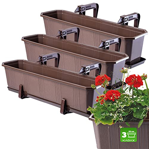 KADAX Jardineras Elegantes con Platos y Soportes para Barandillas de Balcón, Macetas Rectangulares de Plástico, Maceteros Colgantes (3: Marrón, 60 cm)