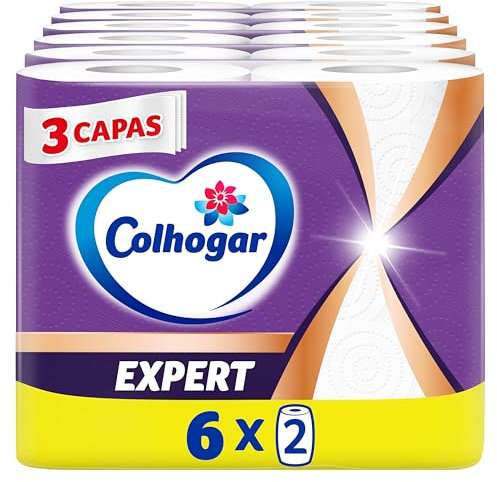 Colhogar Expert 6x2 - Papier cuisine 3 couches - Efficacité maximale - Paquet de 12 rouleaux - Blanc