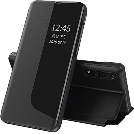 QIWEIQING Coque pour Huawei P20 Pro, Prime Étui Housse à Cuir PU Rabat avec Clear Afficher Fenêtre, Flip Smart View Case Cover avec Support Pliable avec Huawei P20 Pro. Black QH3