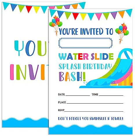 Water Slide Birthday Invitations for Girls with Envelopes, Bash Invites for Birthday Pool Party Waterslide, Splish Splash Summer Birthday Party Invitations Cards, Splash Birthday Bash, 4x6 Set of 20