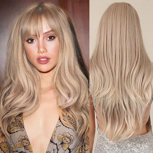 Allbell Blonde Perücke mit Pony Erdbeer Blondes Haar Lange Wellige Perücken für Frauen Hitzebeständige synthetische Haar Perücke Tägliche Hochzeit Cosplay Verwendung