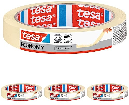 tesa Malerband ECONOMY - Vielseitiges Klebeband für Malerarbeiten ohne Lösungsmittel - Bis zu 4 Tage nach Gebrauch rückstandslos entfernbar, 50 m x 19 mm (Packung mit 4)