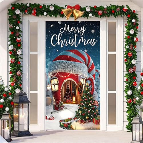 Chickwin Decorazione Copriporta di Natale, Copertura della Porta Copri Porta del Babbo Natale, Appendere Banner Sfondo Fotografico Rosso Dorato Festa di Natale, 78,7x35,4 Pollici (Casa di Natale)
