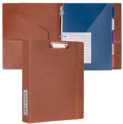 HAUTOCO Klemmbrett A4 Ordner, Ringbuch Mit 3 Ringen 25 mm, PU Leder Ringordner Schmal, Aktenordner Mit 5 Dokumententaschen, Klemmbrett Mit Deckel für Studium, Büro, Braun