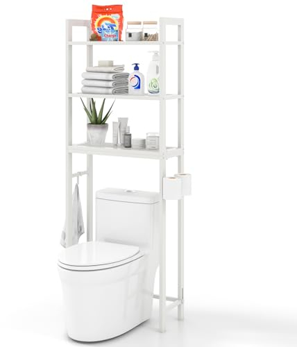 RELAX4LIFE Over Toilet Storage Shelf, 3-Tier Toilet Space Saver Bathroom Organizer with 3 Hooks, Adjustable Bottom Bar & Anti-tipping Device, Freestanding Washing Machine Laundry Storage Unit (White)