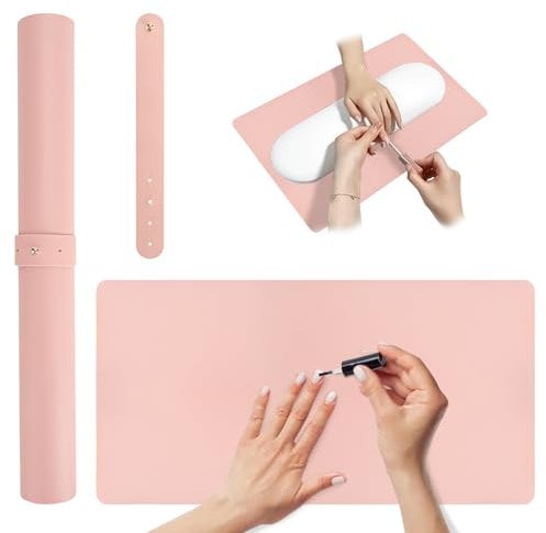 Adorila Nail Arm Rest Mat, Large Multipurpose Waterproof Heat Resistant Leather Nail Art Table Mat, Non-Slip Desk Pad for Desk & Office & Dinning Table (31.4 x 15.7) (Pink)