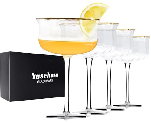 Yaschmo Coupe Glasses Set of 4, Vintage Art Deco 10 Oz Martini Glasses, Hand-Blown Coupe Cocktail Glasses, Lead-Free Crystal, Gold Rim, Cocktail Champagne Glasses, Perfect for Bar, Parties and Gift