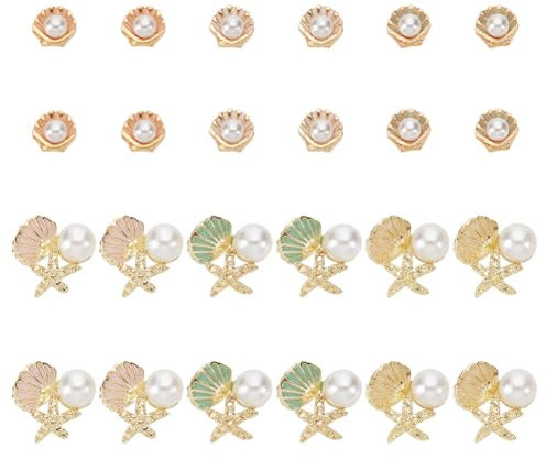 GOMAKERER 24 Pcs 2 Shapes Ocean Theme Nail Charms, Sea Shell Nail Decoration Star Fish Pearl Nail Art Jewels Alloy Enamel Nail Cabochons for Acrylic Nails DIY Crafting