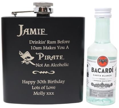 Black Hip Flask & Miniature Alcohol - Pirate Rum Design (White Rum/No Gift Box) 37.5% vol