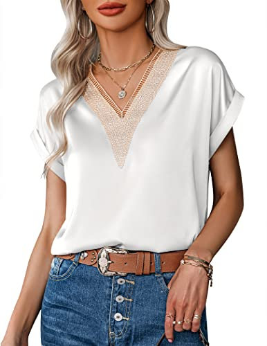 Zeagoo Camisa Mujer Blusas Verano Elegantes Manga Corta Camiseta Cuello Pico Blusa Saten Color Sólido T-Shirt Blanco M