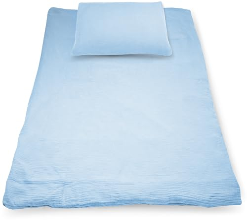 PinkZebra 100% Bio-Baumwolle-Musselin Kinderbettwäsche Set 100x135 cm + 40 x 60 cm, Bettwäsche für Mädchen & Jungs, GOTS-Zertifizierung, Made in EU, Blau