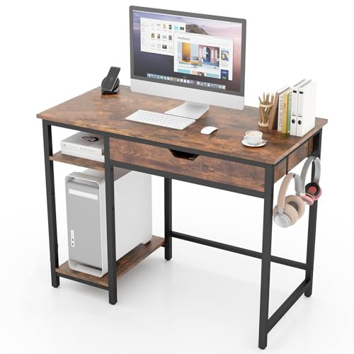 LIFEZEAL Bureau d'Ordinateur, Table d’Ordinateur avec 1 Tiroir de Rangement, 100 x 50 x 76 cm, Poste de Travail Informatique avec 2 Crochets, Style Industriel, Marron Rustique