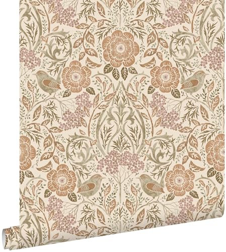 Esta Home Tapete Blumen und Vögel im Jugendstil Sandbraun, Beige und Altrosa 53 cm x 10.05 m