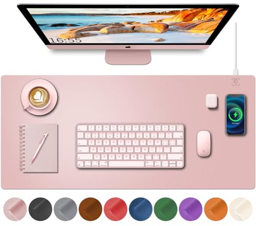 HopeLum Pink Mouse Pad with Wireless Charger, 32 x 16, Faux Leather, Gaming & Office Use