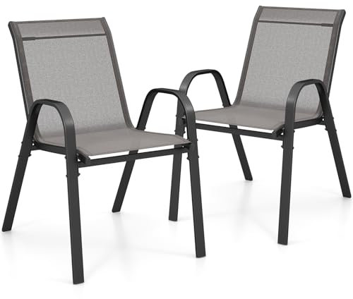 GIANTEX Gartenstühle Stapelbar 2er Set, Stapelstühle aus Textilene & Metall, Gartenstuhl Hochlehner mit Armlehnen, Balkonstuhl Gartensessel 150 kg belastbar, Terrassenstühle Outdoor Stuhl 56x70x84 cm