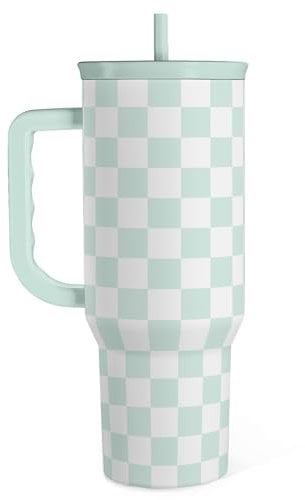 SANDJEST Checkered Tumbler with Handle 40oz, Mint Checker Cup Stainless Steel Insulated Tumblers Coffee Travel Mug Cups with Straw, Gifts for Women Girls Teen Birthday Christmas