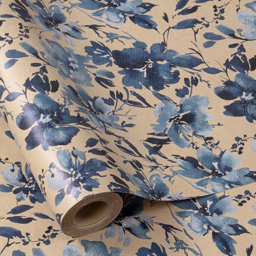 RUSPEPA Kraft-Geschenkpapierrolle – Minirolle – Blaues Blumendesign, ideal für Geburtstage, Partys, Babypartys – 43,2 cm x 10 m