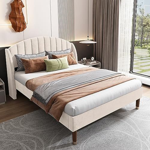 Merax Upholstered Double Bed, 4FT6 Bed Frame with Soft Headboard and Wooden Slatted Frame, Comfortable Backrest, Additional Support Feet, Easy Assembly, Velvet, Beige, 135x190cm