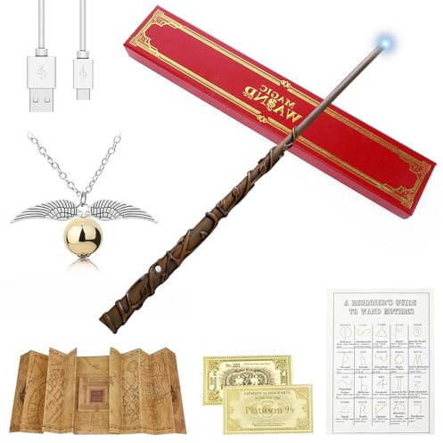 Mineup Zauberstab, 37CM Zauberstab aus Harz, Zaubersta mit Licht, Zauberstäbe mit Zauberspruchblatt, Halskette Stationsticket, Wizarding World Requisite für Hexen und Magier Cosplay de Halloween