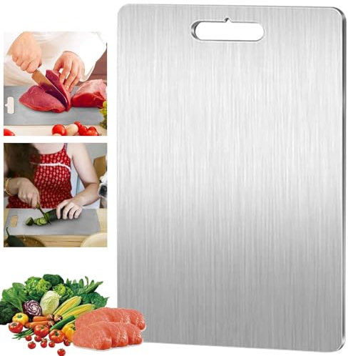 Doppelseitiges Schneidebrett aus hochwertigem Edelstahl, lebensmittelechte Titanbeschichtung, hängbares Design, ideal für Fleisch, Käse, Gemüse und Obst, 39 x 28 cm, Upgrade für 2024 Markttrend