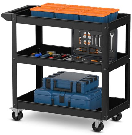 HOMFME 3 Tiers Tool Trolley, Heavy Duty Metal Service Cart with Handle, Lockable Wheels, Mobile Workshop Storage Trolley for Garage Office Warehouse, Holds up to 150KG (Black)