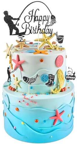JIYIN 6 Stücke Angler Cake Topper, Kuchendeko Fische Angeln Deko Geburtstag Happy Birthday Tortendeko Angler Tortenaufleger für Tortendeko Geburtstag Mann