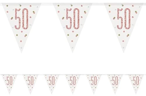 50th Birthday Rose Gold Flag Bunting Age 50 White And Rose Gold Party Banner Decoration Garland Pennant Decor UP