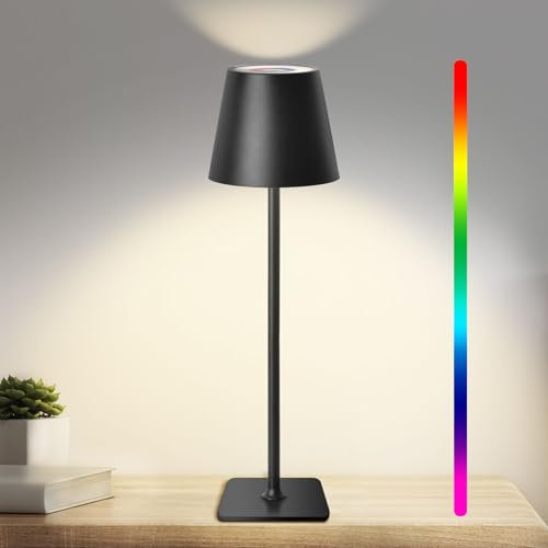 Jueholla RGB Dimmbare LED Akku Tischleuchte Kabellos, LED Tischlampe, Mit 5200 mAh Akku, Akku Tischlampe Aufladbar mit USB, IP54 Wasserdichte für Indoor Outdoor Schlafzimmer Bar Schwarz