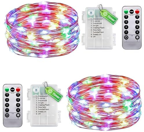taiyongkang 2er Pack Draht Lichterkette Innen Batterie mit Timer & Fernbedienung - 6m 50LED Bunt - Kleine Lichterkette für Schlafzimmer, Weihnachten, Hochzeit - Auch Outdoor Nutzbar