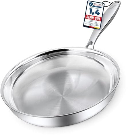 Morleos poêle en acier inoxydable 18/10 Ø 32cm | 5 couches - 3mm - 1,67 kg | Poêle en acier inoxydable pour induction | Lavable au lave-vaisselle et résistant au four jusqu'à 400°C