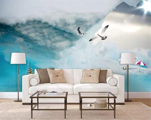 Tzxztt Abstract Blue Ink Sea Birds Modern 3D Wallpaper Premium Textured Silk Neutral Tones Material Ideal for Living Room Bedroom-400cm×280cm