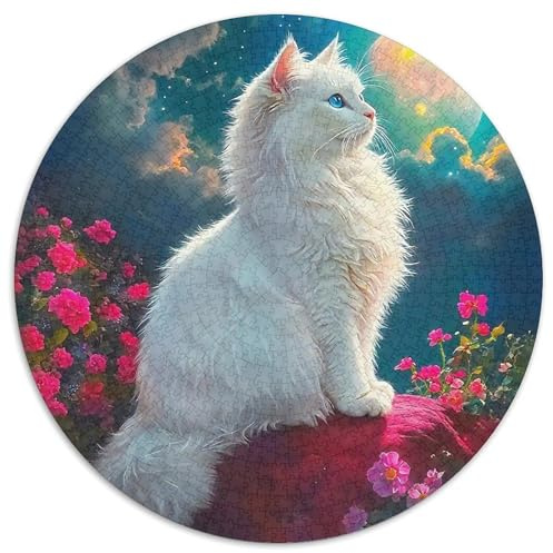 Süße weiße Katze 1000 Puzzle Presents Haustier Katze Round Puzzle Educational Stress Relieving Toy Adult Sophisticated for Adults1000pcs (67.5x67.5cm)