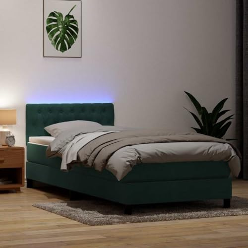 Teenpull Boxspringbett 80x220 cm Dunkelgrün, Samt Polsterbett mit Taschenfederkernmatratze, Verstellbarem Kopfteil und LED-Beleuchtung für Schlafzimmer